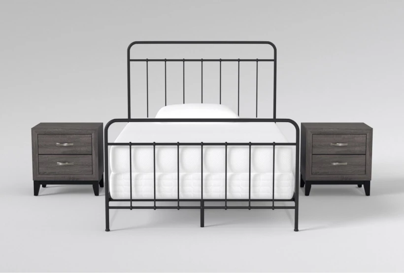 Kyrie Black Full Metal Panel 3 Piece Bedroom Set With 2 Finley Nightstands - 360
