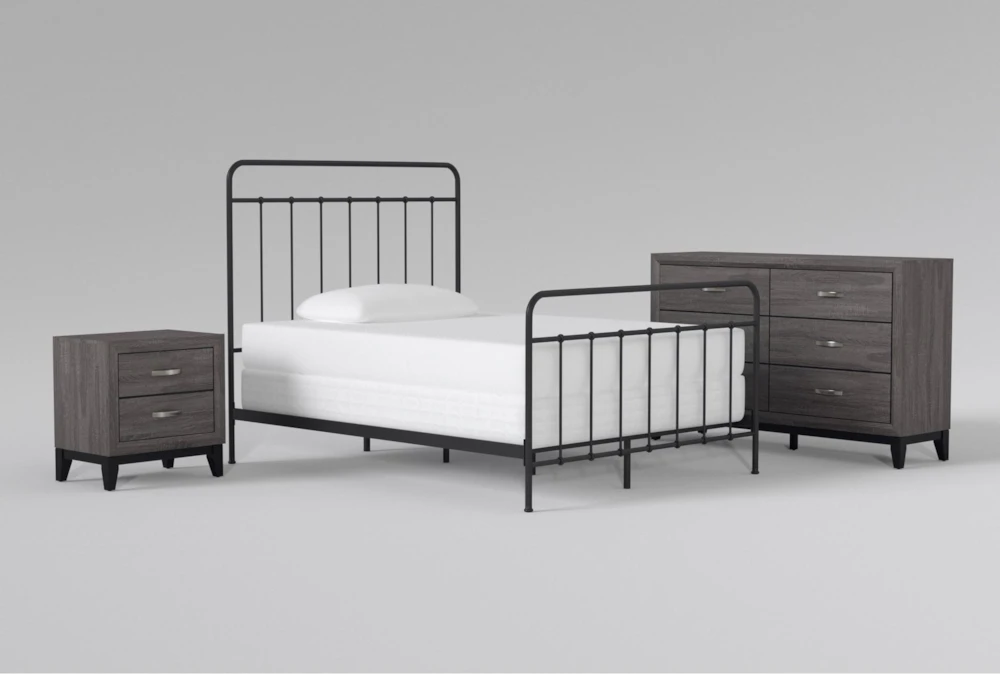 Kyrie Black Full Metal Panel 3 Piece Bedroom Set With Finley Dresser + Nightstand