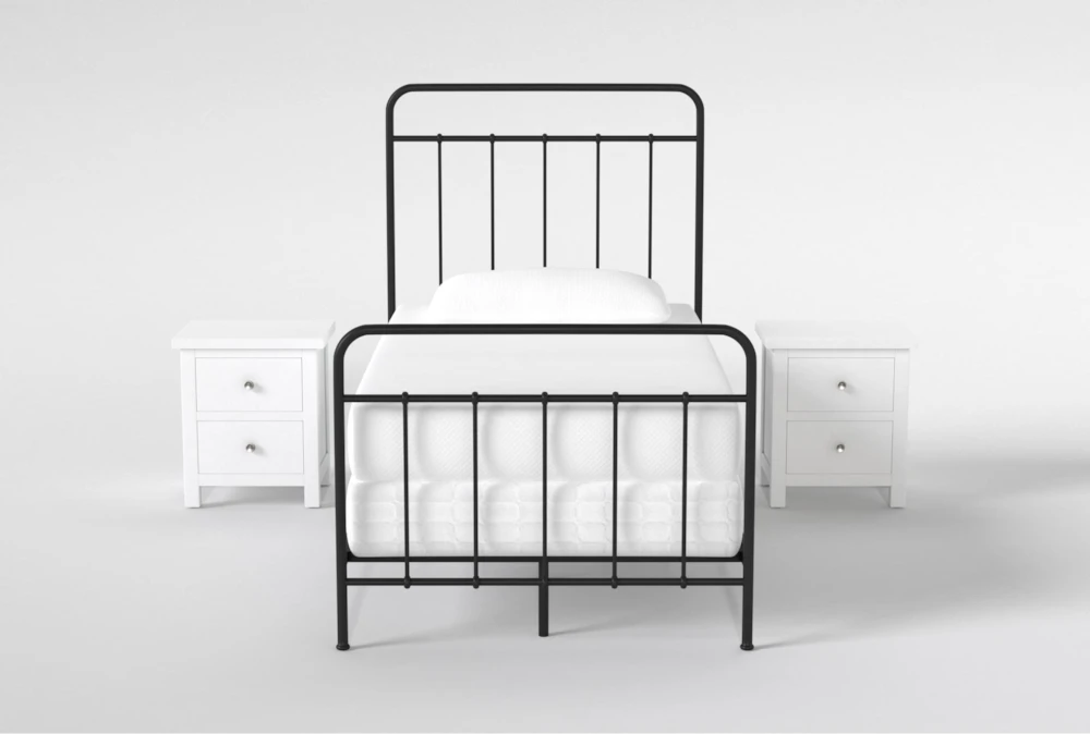 Kyrie Black Twin Metal Panel 3 Piece Bedroom Set With 2 Larkin White Nightstands