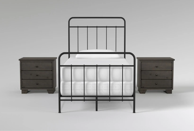 Kyrie Black Twin Metal Panel 3 Piece Bedroom Set With 2 Marco Charcoal Nightstands - 360