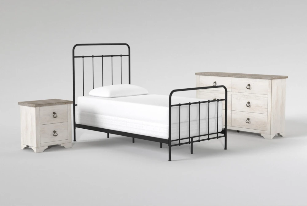 Kyrie Black Twin Metal Panel 3 Piece Bedroom Set With Cassie Dresser + Nightstand