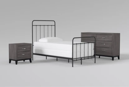 Kyrie Black Twin Metal Panel 3 Piece Bedroom Set With Finley Dresser + Nightstand