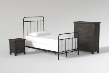 Kyrie Black Twin Metal Panel 3 Piece Bedroom Set With Larkin Espresso Chest Of Drawers + Nightstand