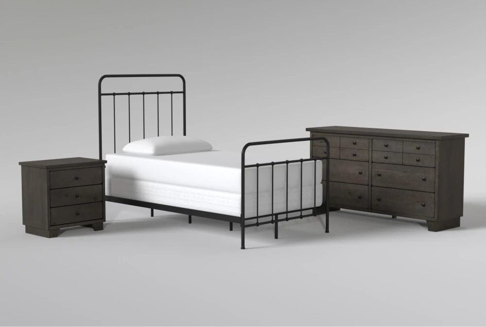 Kyrie Black Twin Metal Panel 3 Piece Bedroom Set With Marco Charcoal Dresser + Nightstand