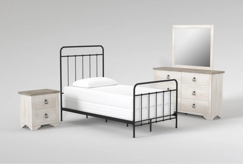 Kyrie Black Twin Metal Panel 4 Piece Bedroom Set With Cassie Dresser, Mirror + Nightstand - 360