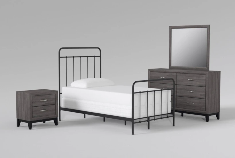 Kyrie Black Twin Metal Panel 4 Piece Bedroom Set With Finley Dresser, Mirror + Nightstand - 360