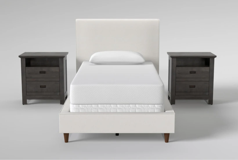 Dean Sand Twin Upholstered Panel 3 Piece Bedroom Set With 2 Owen Grey Nightstands - 360