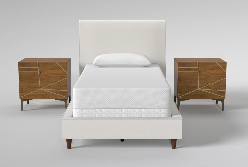 Dean Sand Twin Upholstered Panel 3 Piece Bedroom Set With 2 Talbert 2-Drawer Nightstands