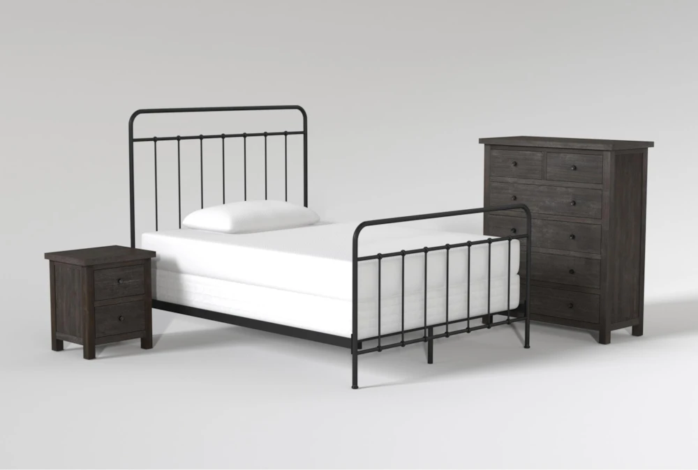 Kyrie Black Full Metal Panel 3 Piece Bedroom Set With Larkin Espresso Chest Of Drawers + Nightstand