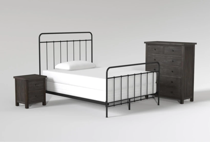 Kyrie Black Full Metal Panel 3 Piece Bedroom Set With Larkin Espresso Chest Of Drawers + Nightstand - 360
