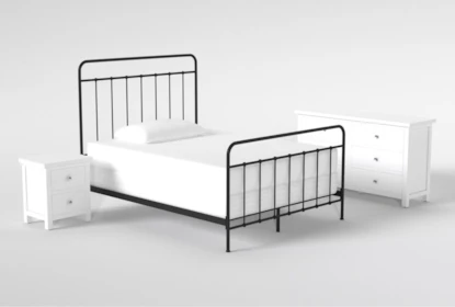 Kyrie Black Full Metal Panel 3 Piece Bedroom Set With Larkin White Dresser + Nightstand