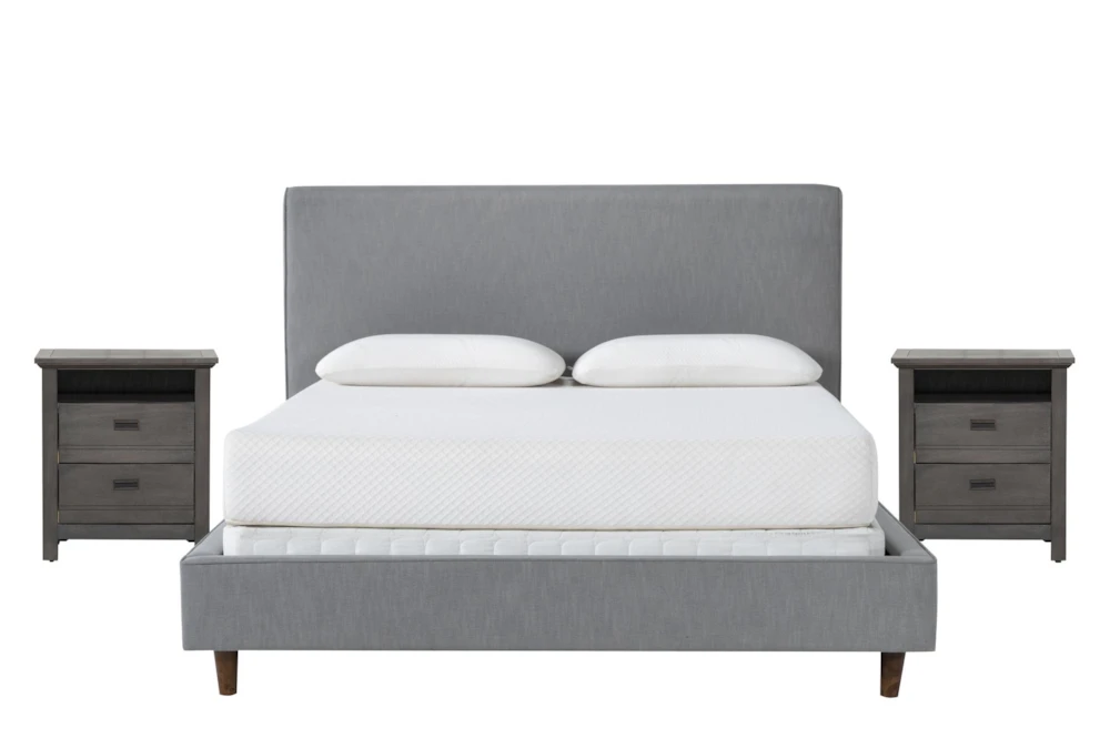 Dean Charcoal Full Upholstered Panel 3 Piece Bedroom Set With 2 Owen Grey Nightstands