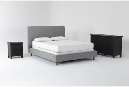 Dean Charcoal Full Upholstered Panel 3 Piece Bedroom Set With Larkin Espresso Dresser + Nightstand