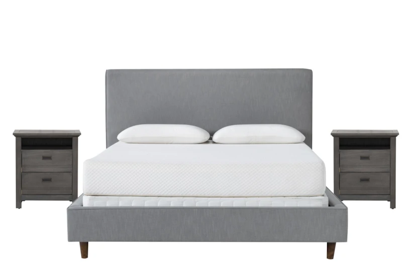 Dean Charcoal Twin Upholstered Panel 3 Piece Bedroom Set With 2 Owen Grey Nightstands - 360