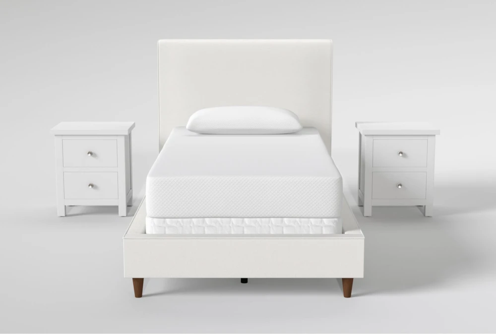 Dean Sand Twin Upholstered Panel 3 Piece Bedroom Set With 2 Larkin White Nightstands