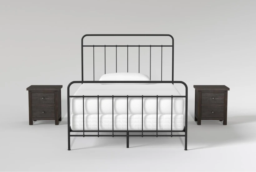 Kyrie Black Full Metal Panel 3 Piece Bedroom Set With 2 Larkin Espresso Nightstands - 360