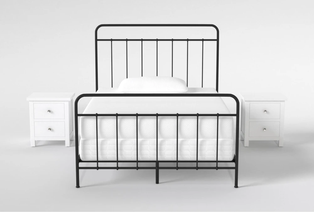 Kyrie Black Full Metal Panel 3 Piece Bedroom Set With 2 Larkin White Nightstands