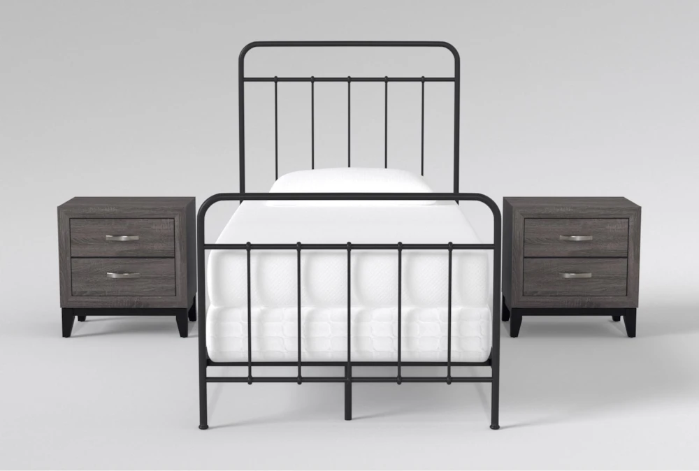 Kyrie Black Twin Metal Panel 3 Piece Bedroom Set With 2 Finley Nightstands