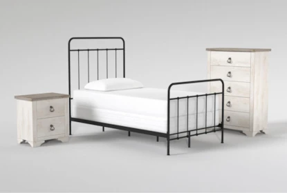 Kyrie Black Twin Metal Panel 3 Piece Bedroom Set With Cassie Chest Of Drawers + Nightstand