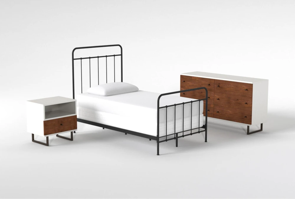 Kyrie Black Twin Metal Panel 3 Piece Bedroom Set With Clark Dresser + 1-Drawer Nightstand
