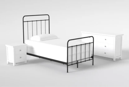 Kyrie Black Twin Metal Panel 3 Piece Bedroom Set With Larkin White Dresser + Nightstand