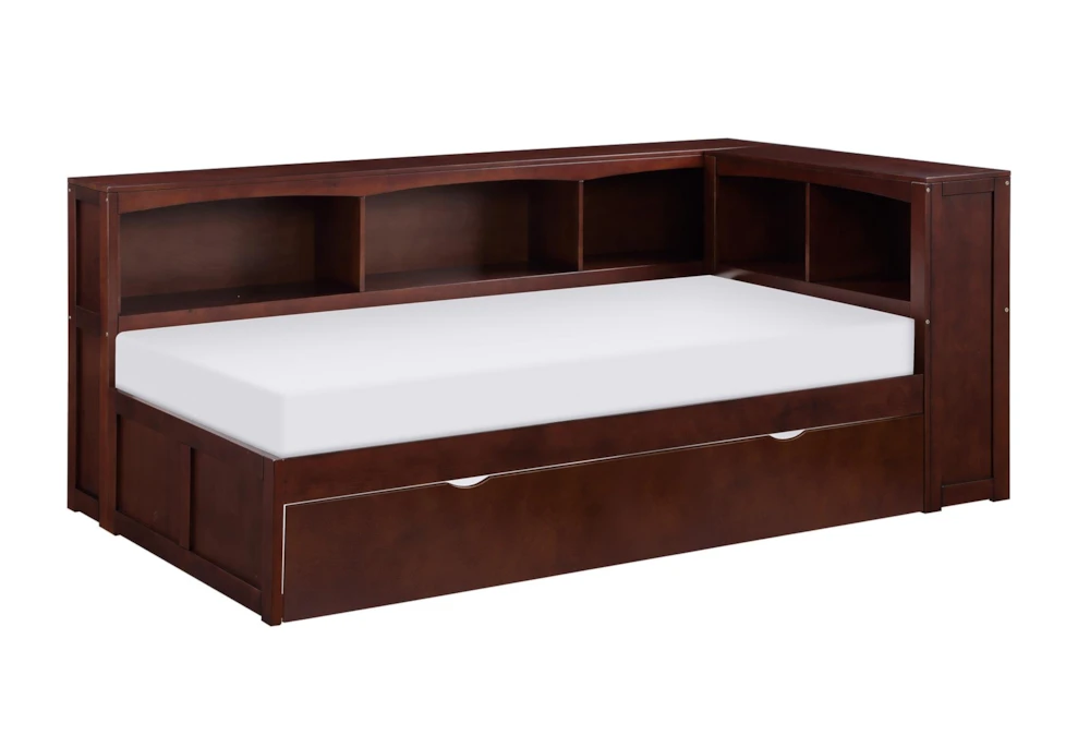 Kory Cherry Twin Reversible Wood Bookcase Corner Bed With Trundle
