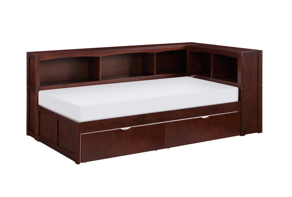 Kory Cherry Twin Reversible Wood Bookcase Corner Bed With Underbed Storage Boxes