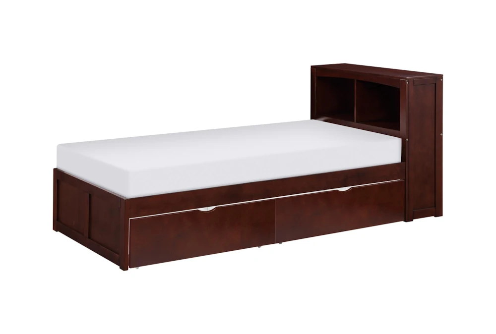 Kory Cherry Twin Wood Bookcase Bed With Underbed Storage Boxes