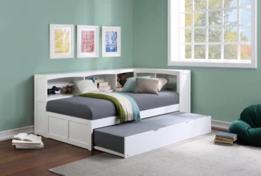 Kory White Twin Reversible Bookcase Corner Bed With Trundle