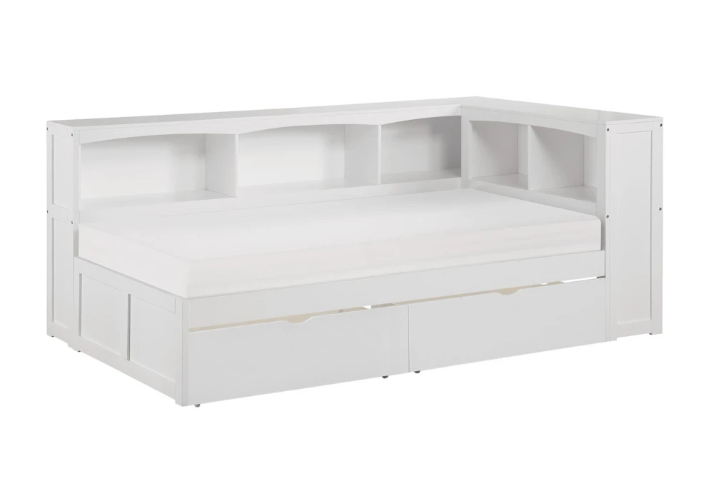 Kory White Twin Reversible Wood Bookcase Corner Bed With Underbed Storage Boxes