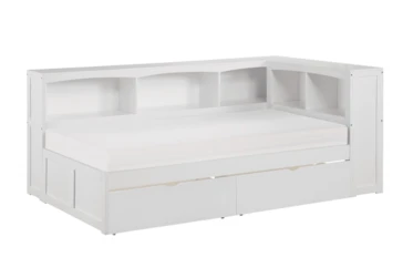 Kory White Twin Reversible Bookcase Corner Bed With Underbed Storage Boxes