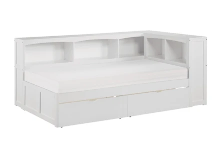 Kory White Twin Reversible Wood Bookcase Corner Bed With Underbed Storage Boxes - Main