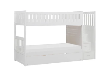 Kory White Twin Over Twin Bunk Bed With Reversible Stairway Chest + Trundle