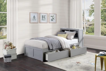 Kory Grey Twin Bookcase Bed With Underbed Storage Boxes