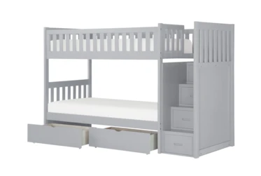 Kory Grey Twin Over Twin Bunk Bed With Reversible Stairway Chest + Underbed Storage Boxes