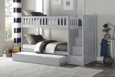 Kory Grey Twin Over Twin Bunk Bed With Reversible Stairway Chest + Trundle