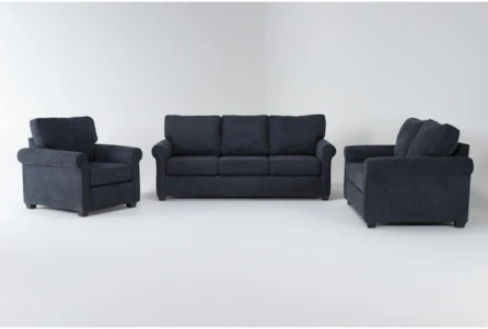 Athos Midnight 3 Piece Living Room Set With Queen Sleeper Sofa + Loveseat + Chair