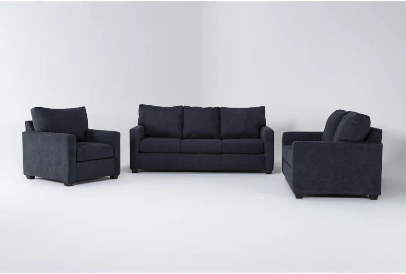 Aramis Midnight Blue 3 Piece Queen Sleeper Sofa, Loveseat & Chair Set - 360