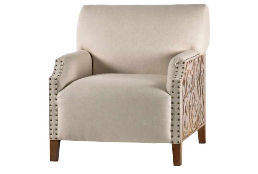 Carved Wood + Fabric Accent Chair With Nailhead Trim - 360