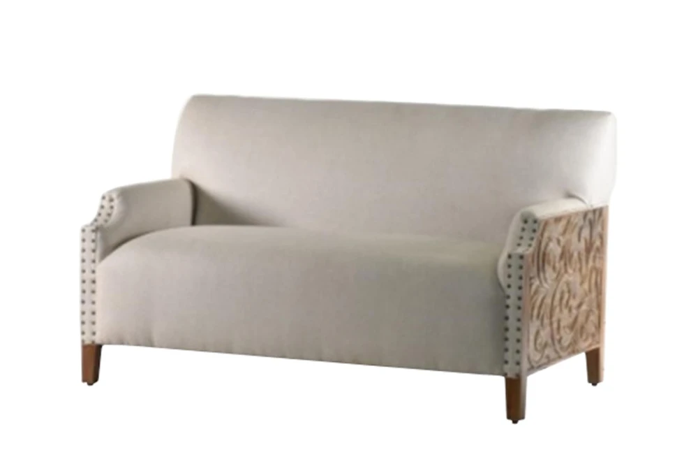 Hand Carved Wood + Fabric Loveseat With Nailhead Trim