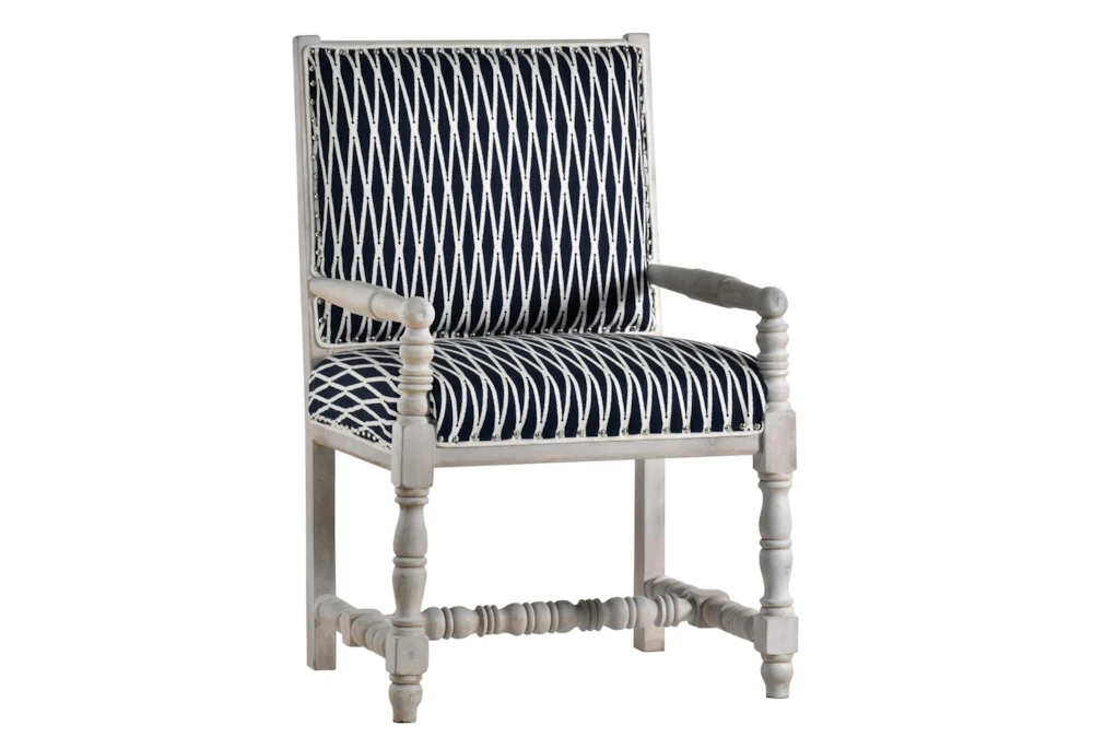 Whitewash + Patterned Fabric Spindle Frame Accent Chair
