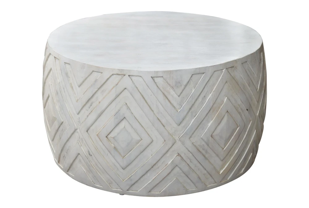 Whitewash Diamond Carved Drum Coffee Table