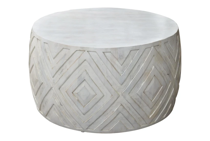 Whitewash Diamond Carved Drum Coffee Table - 360