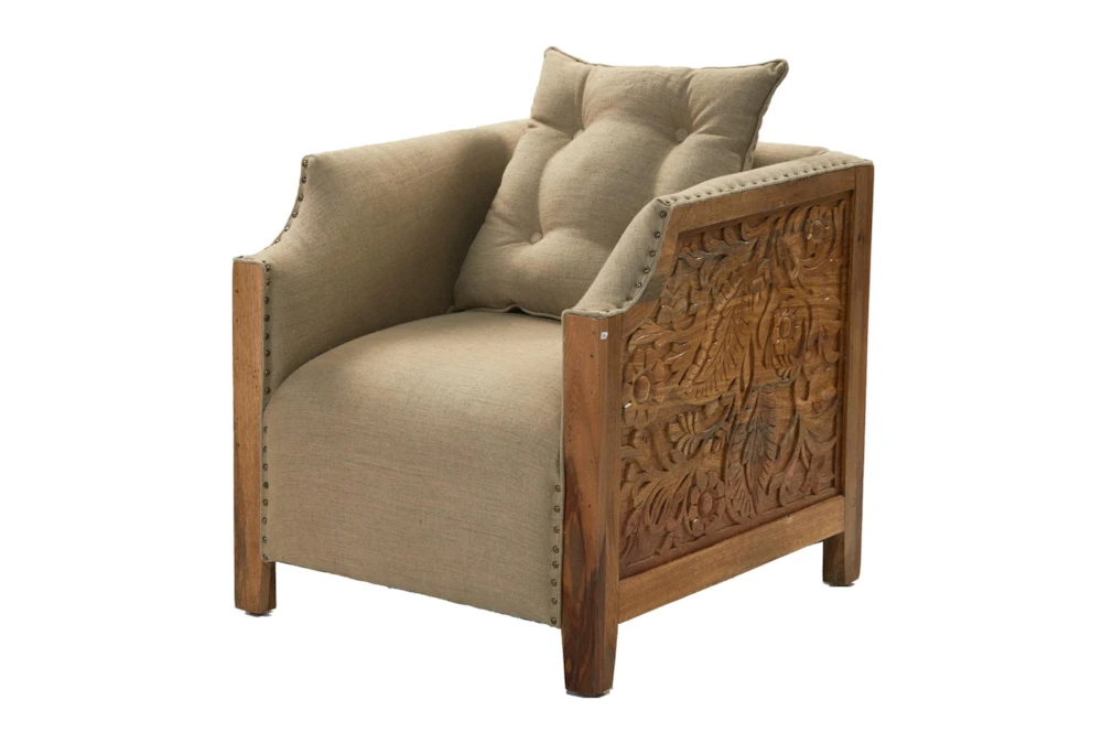 Hand Carved Wood + Fabric Accent Chair With Pillow