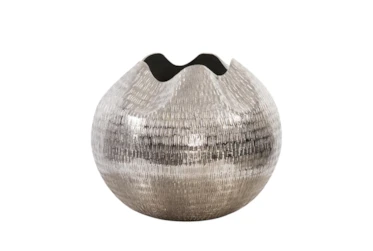 12 Inch Bright Silver Finish Textured Aluminum Pinch Globe Vase