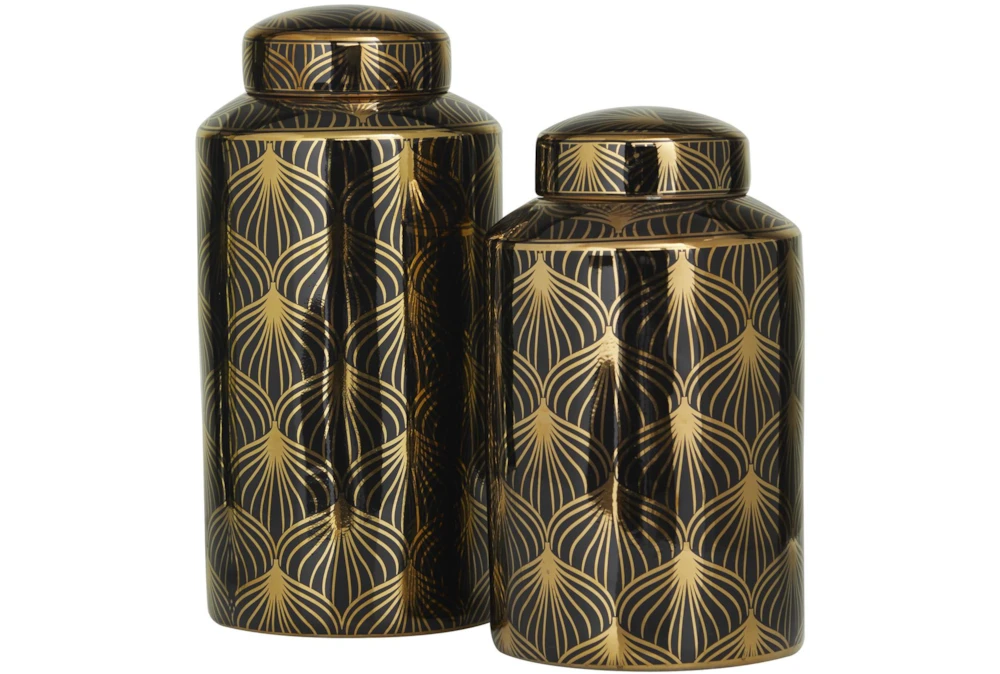 14", 12" Black + Gold Fan Line Canister Jars Set Of 2