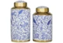 14", 12" Blue White + Gold Chinoiserie Style Canister Jars Set Of 2 - Back