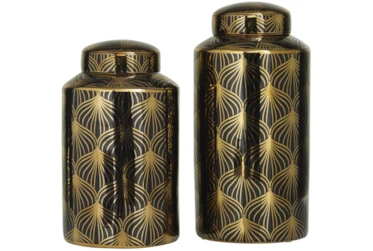 14", 12" Blue White + Gold Chinoiserie Style Canister Jars Set Of 2