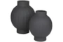 11", 9" Matte Black Channeled Bulb Vases Set Of 2 - Front
