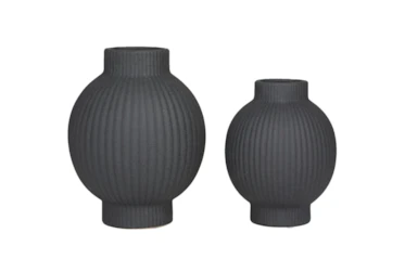 11", 9" Matte Black Channeled Bulb Vases Set Of 2